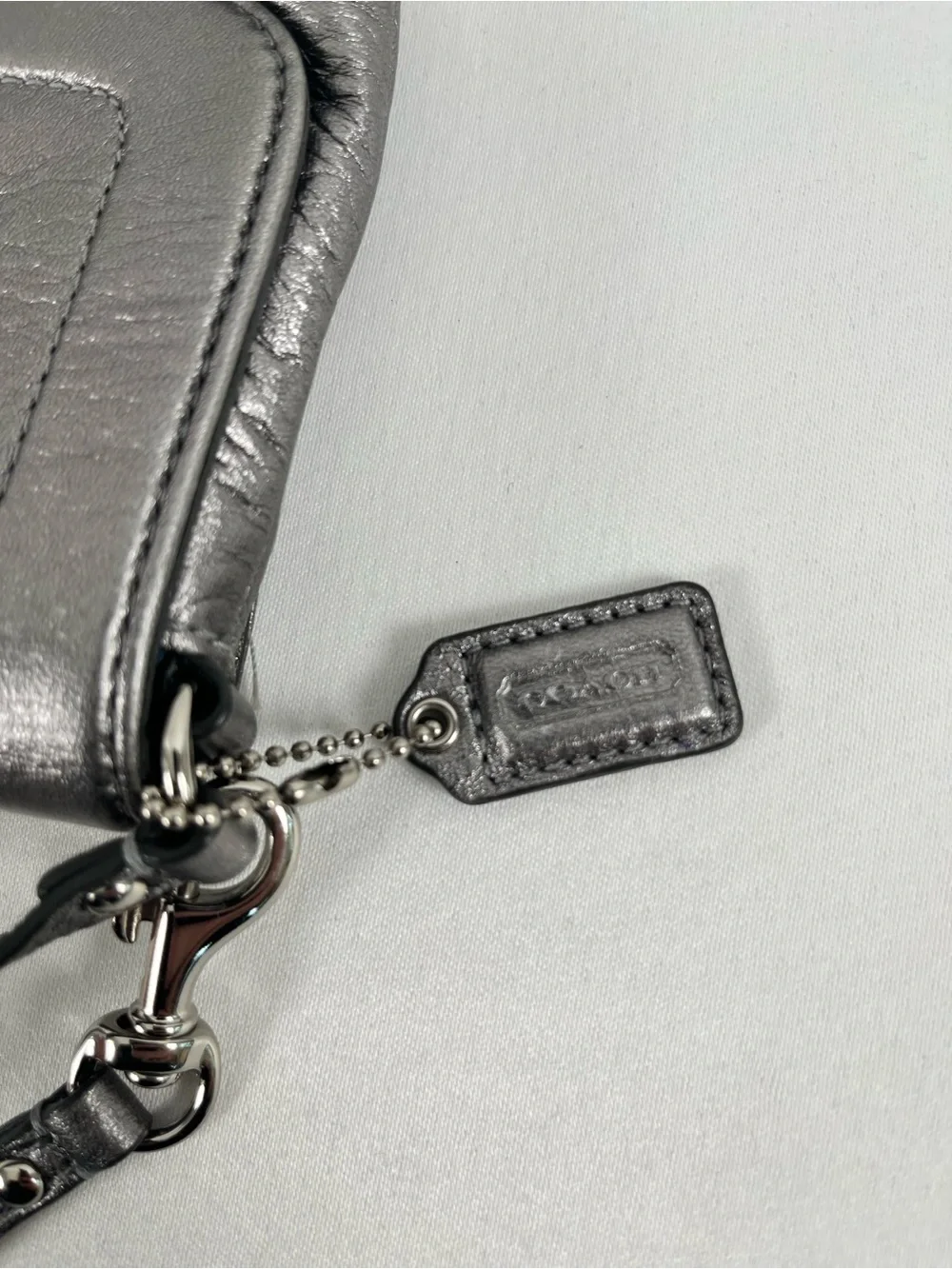 Coach Kristin Metallic Leather Flap Wristlet Clutch Gunmetal Pewter Gray 45104